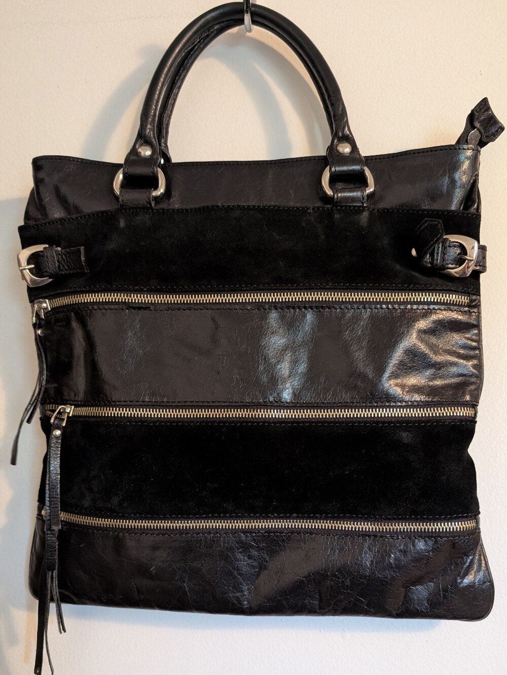 CLAUDIE Black Leather Satchel with Interior Zip Pocket